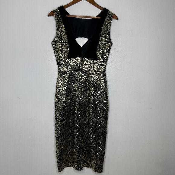 Tatyana Metallic Gold & Black Bodycon Dress Size M Retro Keyhole Glam Party - Picture 5 of 9